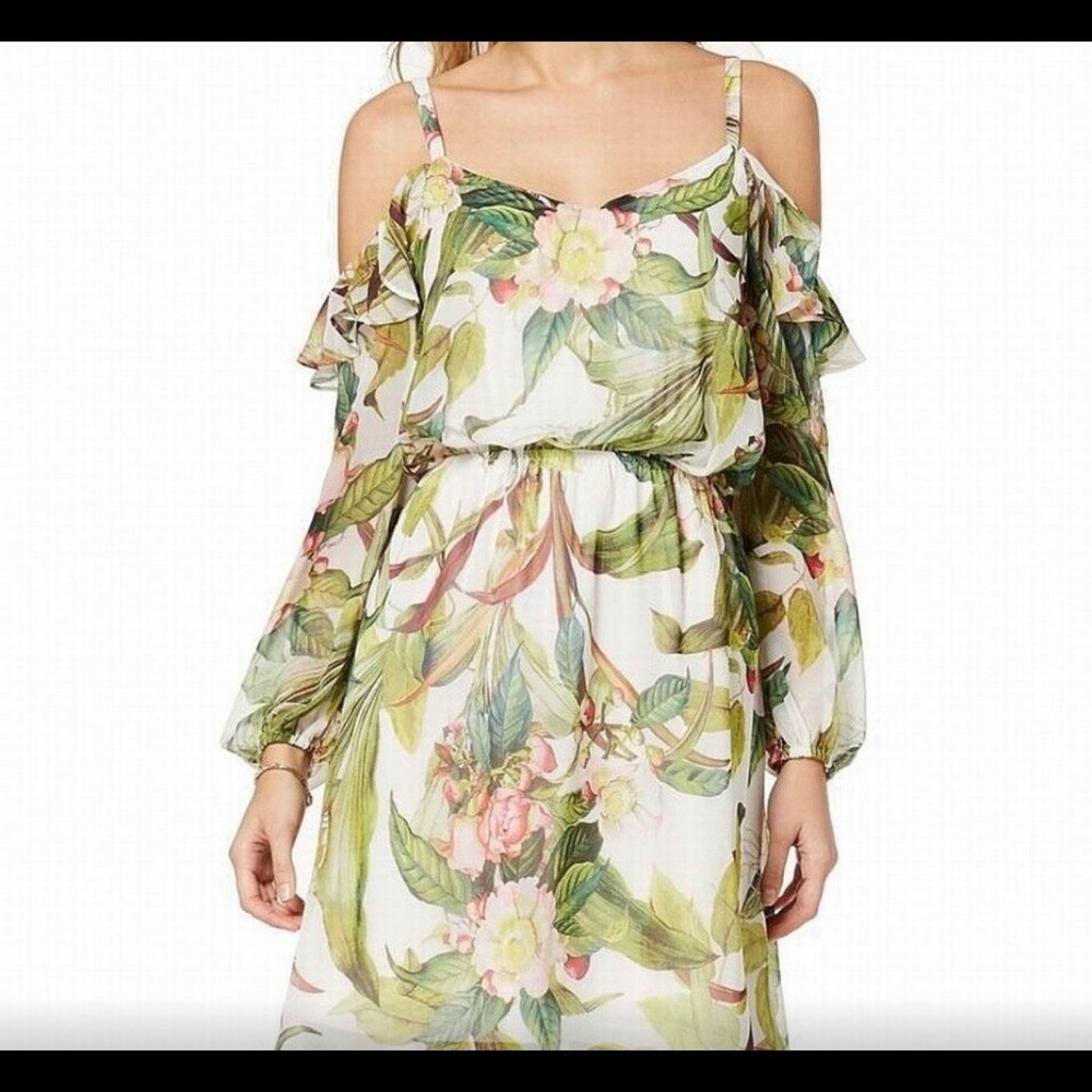 ADRIANNA PAPELL CHIFFON FLORAL COLD SHOULDER DRESS